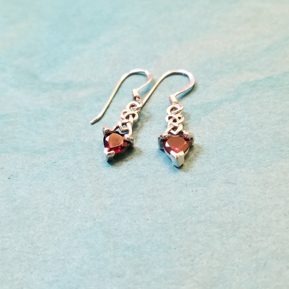 .925 Silver Celtic Knotwork Heart Garnet Earrings - Picture 2 of 8